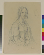 Lottchen (Sitzende Frau in Dreiviertelansicht nach rechts; rechts oben: Kopfstudie in Umrißmanier); verso: Schraffurskizze