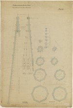 Kassel, Lutherkirche, Werkzeichnung zum Schichtenplan des Turmhelms, Aufriß, Längs- und Querschnitt