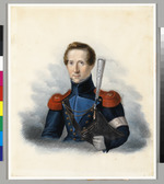 Offizier der Befreiungskriege in blauer Uniform mit roten Epauletten und weißer Armbinde, den Tschako im linken, behandschuhten Arm haltend