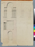 Herkulesbauwerk, verm. Nordost-Risalitbau, Teilquerschnitt über alle Geschosse und Seitenansicht im 2. Obergeschoss mit Darstellung der Pfeilerausweichung
