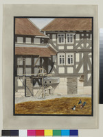 Bortshausen, Teilansicht eines Bauernhofes mit Hühnerleiter und verschiedenen Arbeitsgeräten