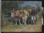 Schwälmer mit Bauernwagen und Kühen
