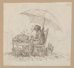 Sitzende ältere Frau unter einem Schirm