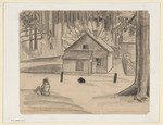 Kleines Haus im Fichtenwald, mit Mädchen und junger Frau