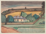 Niedriges Haus mit Gartenmauer und Zaun nach Munch; verso: Ausblick über einen Zaun hinweg auf Wiesenlandschaft und Häuser