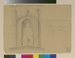 Skizzenblatt mit thronendem Herrscher in gotischer Nische, Detail einer gotischen Kirche (Ulrichskapelle ?) und weibliches Profil; verso: Landschaftsstudie mit Blick auf Goslar