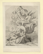 "Ego sum vita. Joh. XIV.6" Mutter, zwei Kinder umarmend, entsteigt von einem Engel geführt das Grab, darüber Maria und Christusknabe, zwei musizierende Engel auf Wolken (Stoll 11)