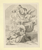 "Ego sum vita. Joh. XIV.6" Mutter, zwei Kinder umarmend, entsteigt von einem Engel geführt das Grab, darüber Maria und Christusknabe, zwei musizierende Engel auf Wolken (Stoll 11)
