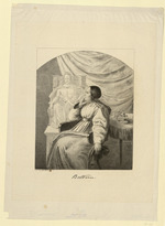 Bettina von Arnim, geb. Brentano, in einem Sessel sitzend, im Profil nach links, im Hintergrund das Modell ihres Goethedenkmals, Darstellung oben gerundet (Stoll 52)