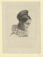 Lotte Charlotte Amalie Grimm, Porträt im Dreiviertelpprofil nach rechts, das Haar kunstvoll in sieben Ringen auf dem Hinterkopf aufgebaut, Hilfsraster in Graphit (Stoll 46)