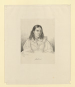 Bettina von Arnim, geb. Brentano, Porträt im Dreiviertelprofil nach rechts, sitzend, Hintergrund schraffiert (Stoll 51)