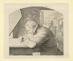 Carl Ernst Christoph Heß, Hüftbild, Porträt im Profil nach links, im Hintergrund zwei Gemälde von Rembrandt und Gerard David, Darstellung oben gerundet (Stoll 65)