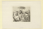 Drei Mädchen in bergiger Landschaft, sinnend um ein Stundenglas sitzend