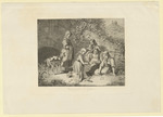 Kinderspiel in Kurhessen, Fünf Mädchen, ein säugling und eine Ziege, im Hintergrund eine Burg (Stoll 153)