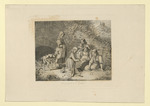 Kinderspiel in Kurhessen, Fünf Mädchen, ein Säugling und eine Ziege, im Hintergrund eine Burg (Stoll 153)