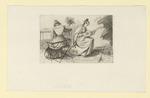 Das Lied von Bettine Arnim, zwei junge Damen, die eine Lotte Grimm im Profil nach rechts, Gitarre spielend, die andere sitzend, Rückenansicht,unten rechts drei Köpfe (Stoll 149)