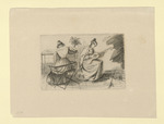 Das Lied von Bettine Arnim, zwei junge Damen, die eine Lotte Grimm im Profil nach rechts, Gitarre spielend, die andere sitzend, Rückenansicht,unten rechts drei Köpfe (Stoll 149)