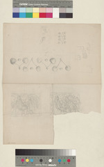 Zwei Skizzen mit weiblicher Gestalt einen Gegenstand haltend, umgeben von bewaffneten Figuren; Kirschengirlanden; Kopfstudie