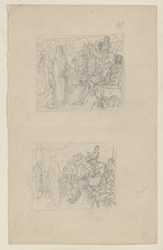 Zwei Skizzen mit weiblicher Gestalt einen Gegenstand haltend, umgeben von Jagdgesellschaft; verso: Kopf-, Figuren- und Ornamentstudien