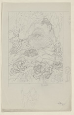 Illustrationen zu "Rübezahl": Bärtige Figur umgeben von Zwergen, Vögeln, Amphibien und Schlange; verso: Skizzen