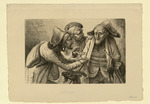 Drei feilschende Juden, zwei Männer reden gestikulierend auf einen dritten ein, Kniestücke, oben links ein Hahn in Kampfstellung (Stoll 165)