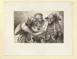 Drei feilschende Juden, zwei Männer reden gestikulierend auf einen dritten ein, Kniestücke, oben links ein Hahn in Kampfstellung (Stoll 165)