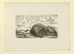 Löwenfamilie: Der schlafende Löwe ausgeführt, die Löwin und die drei Jungen umrißhaft (Stoll 190)