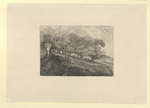 Landschaft mit Kreuzwegstation, im Mittelgrund sechs Figuren und ein Reiter auf einem Esel (Stoll 220)