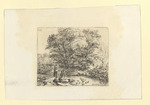Bäume am Bache, zwei Mädchen je ein Kind tragend, Gans mit Küken (Stoll 222)