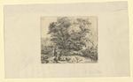 Bäume am Bache, zwei Mädchen je ein Kind tragend, Gans mit Küken (Stoll 222)