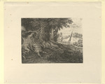 Am Waldesrand, ein Mädchen mit einem Korb auf dem Kopf schreitet heraus, vor ihr springt ein Hund, im Hintergrund ein Schäfer mit seinen Schafen (Stoll 228)