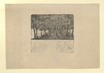 Vom Kragenhof nach Haus, auf einem schattigen Waldweg Grimm selbst mit seiner Tochter und deren Bräutigam, im Hintergrund eine Kutsche mit zwei Männern, darunter zwei Entwurfszeichnungen (Stoll 230)