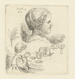 Zwei Kinderköpfe, dasselbe kleine Mädchen darstellend, einmal bei Milch und Kuchen, eine Puppe (von Kinderhand), Maiglöckchen (Stoll 223)