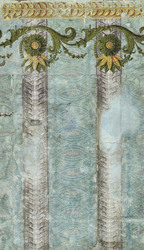 Rapporttapete, Tafel, Kat.Nr. 27 (Arnold-Katalog) mit Ornamenten versehene Streifen, welche sich in Blau und Grau abwechseln am unteren Rand florale Girlande in Grün