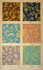 Papiertapete mit Imitation einer Goldstickerei in Anlegetechnik, Musterblatt mit sechs Farbstellungen