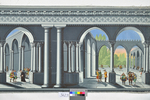 Sockeltapete(?) mit Säulenhalle und Figuren in barocken Gewändern