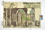 Sockeltapete(?) mit Säulenhalle und Figuren in barocken Gewändern