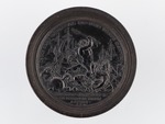 Mit einem Medaillenstempel geprägter schwarzer Spielstein: Medaille auf die Seeschlacht bei La Hogue, 1692, Wilhelm III., König von England, Medailleur: P.H. Müller