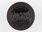Mit einem Medaillenstempel geprägter schwarzer Spielstein: Medaille auf den Fürstenkongress in Den Haag, Wilhelm III., König von England, Medailleur: P.H. Müller