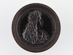 Mit einem Medaillenstempel geprägter schwarzer Spielstein: Medaille auf die Rückeroberung von Bonn, 1689, Friedrich III., Kurfürst von Brandenburg, Medailleur: P.H. Müller