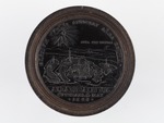 Mit einem Medaillenstempel geprägter schwarzer Spielstein: Rückeroberung von Stuhlweissenburg, Kaiser Leopold I. und Joseph I., Medailleur: P.H. Müller