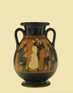 Pelike - Dionysos, Satyrn (A) und Kitharaspieler, Schiedsrichter (B)