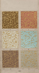 Papiertapete mit Imitation einer Goldstickerei auf unterschiedlichen
Geweben mit eingewebtem Metalllahn, Musterblatt mit sechs Farbstellungen