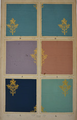 Papiertapete mit Imitation einer Goldstickerei, Musterblatt mit sechs Farbstellungen