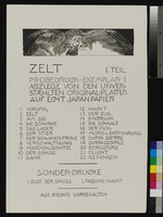 Zelt, Opus XIV, 1. Teil, Inhaltsverzeichnis (verso), Schale mit Rosenkranz (recto)