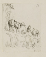 Gruppe von Reisenden in einer Felslandschaft mit Mann, sein Pferd am Zügel führend
