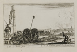 Artilleriestellung mit Kanone und drei Soldaten links im Vordergrund