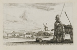 Pikenier, an eine Kanone gelehnt, dahinter Landschaft mit Windmühle und Soldaten