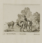 Bäuerin mit zwei Kühen, die einen Fluss überqueren