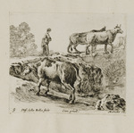 Bäuerin mit drei Kühen bei einer Brücke